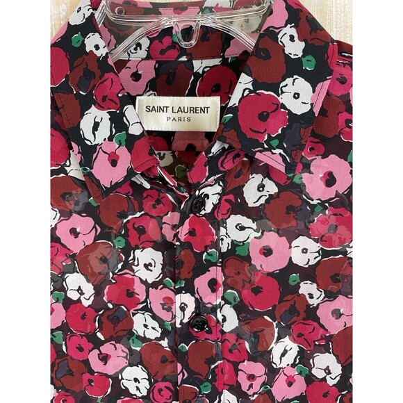 Saint Laurent Paris Poppy-Print Red Silk Blouse Size Small-Med F36 - Picture 2 of 8